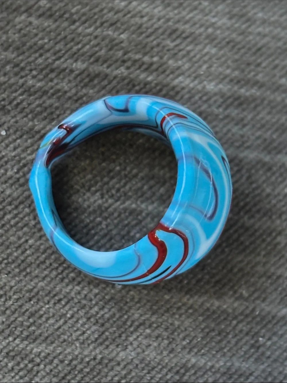 Blue Red Swirl ART GLASS Ring - Fun Marble Pattern Chunky statement piece